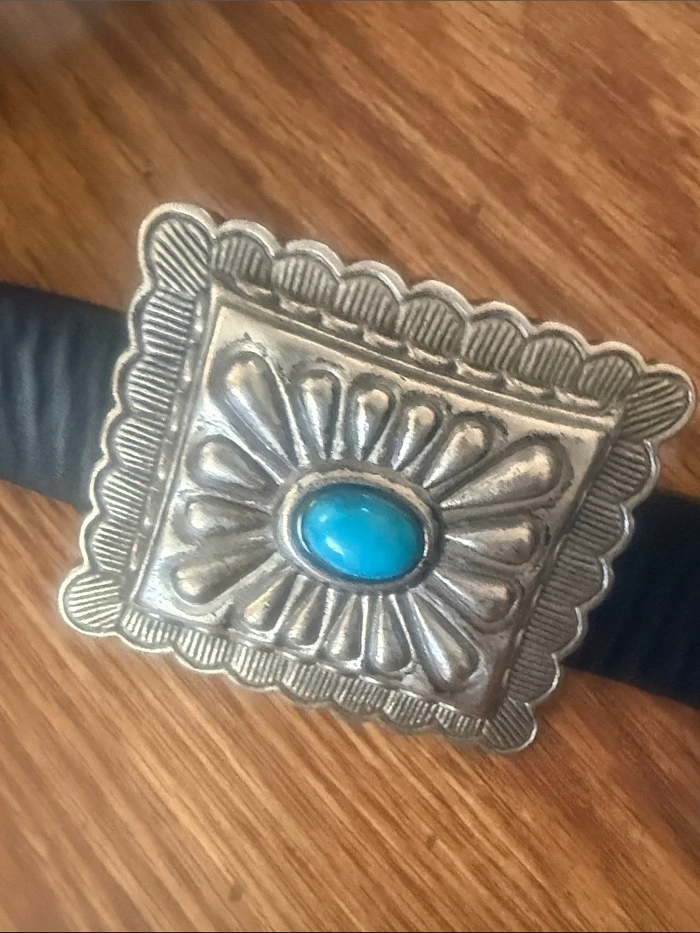 CONCHO belt~ heavy quality~ black leather with silver tune, and turquoise
